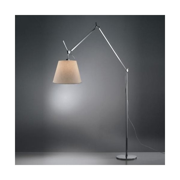 Artemide Tolomeo Mega terra lampadina E27, con asta e base, colore alluminio, diffusore in pergamena da 36 cm, con dimmer