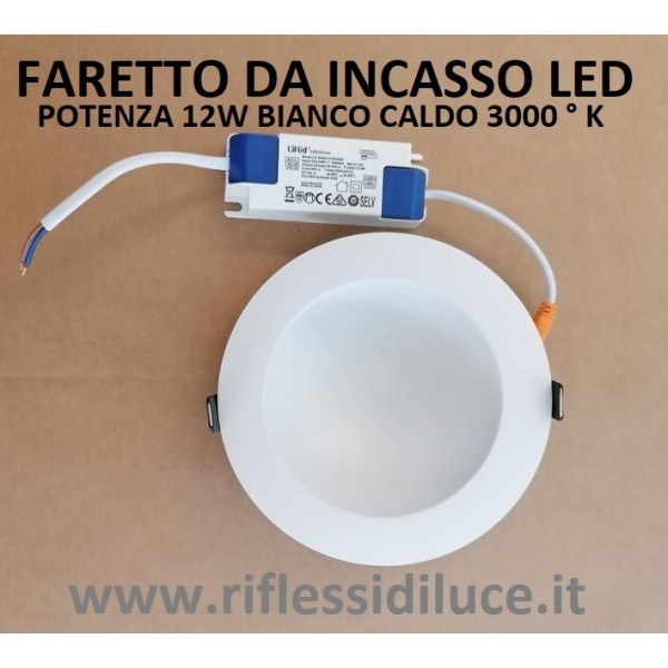 Faretto led da incasso carrera 12W luce bianco caldo 3000° K